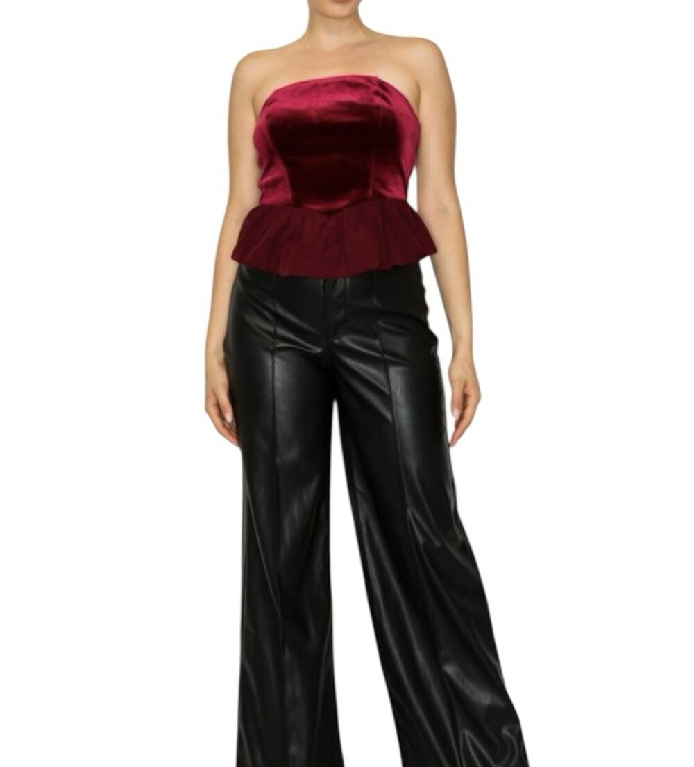 Burgundy Velvet Strapless Peplum Top Size L Goth Party Holiday NWT